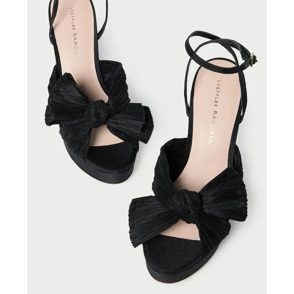 Loeffler Randall Natalia Black Silk Bow Pleated Platform Heel Sandals 6 NWT